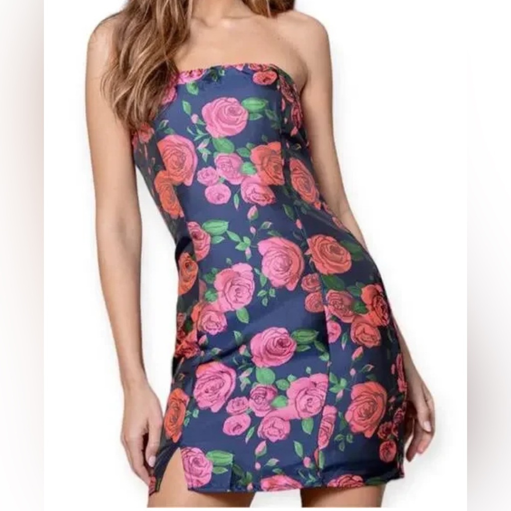 Lulus Floral Jacquard Strapless Dress Blue Hot Pink, XS